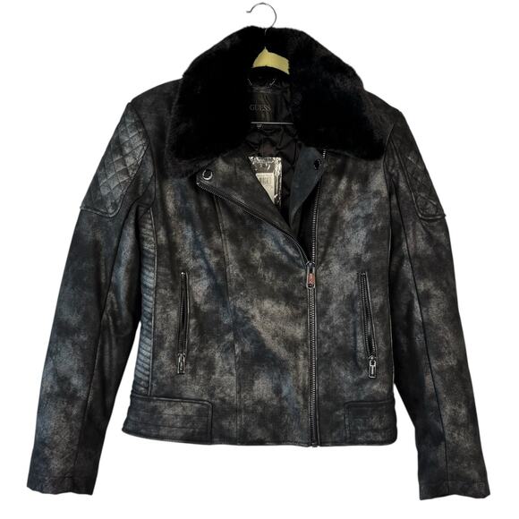 New Guess Metallic Faux Leather Fur Quilted Moto Biker Full Zip Jacket Sz Large - Picture 1 of 11